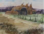 Robert Tavener (1920-2004), ink and watercolour, Oast houses, signed, 37 x 46cm